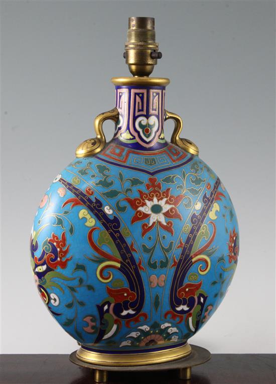 Christopher Dresser for Minton, c.1870. A cloisonne style moon flask, 26.5cm, later mounted as a lamp